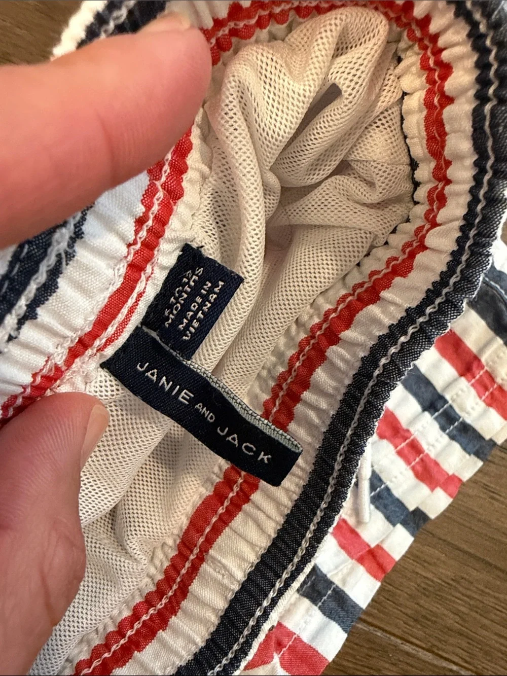 Janie & Jack Red, White & Blue Striped Swim Trunks Size 6-12 Months - C52-022